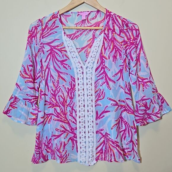 Lilly Pulitzer Luci V-Neck Cotton Tunic Size XXS Lightweight Vacation Coastal - Picture 3 of 16